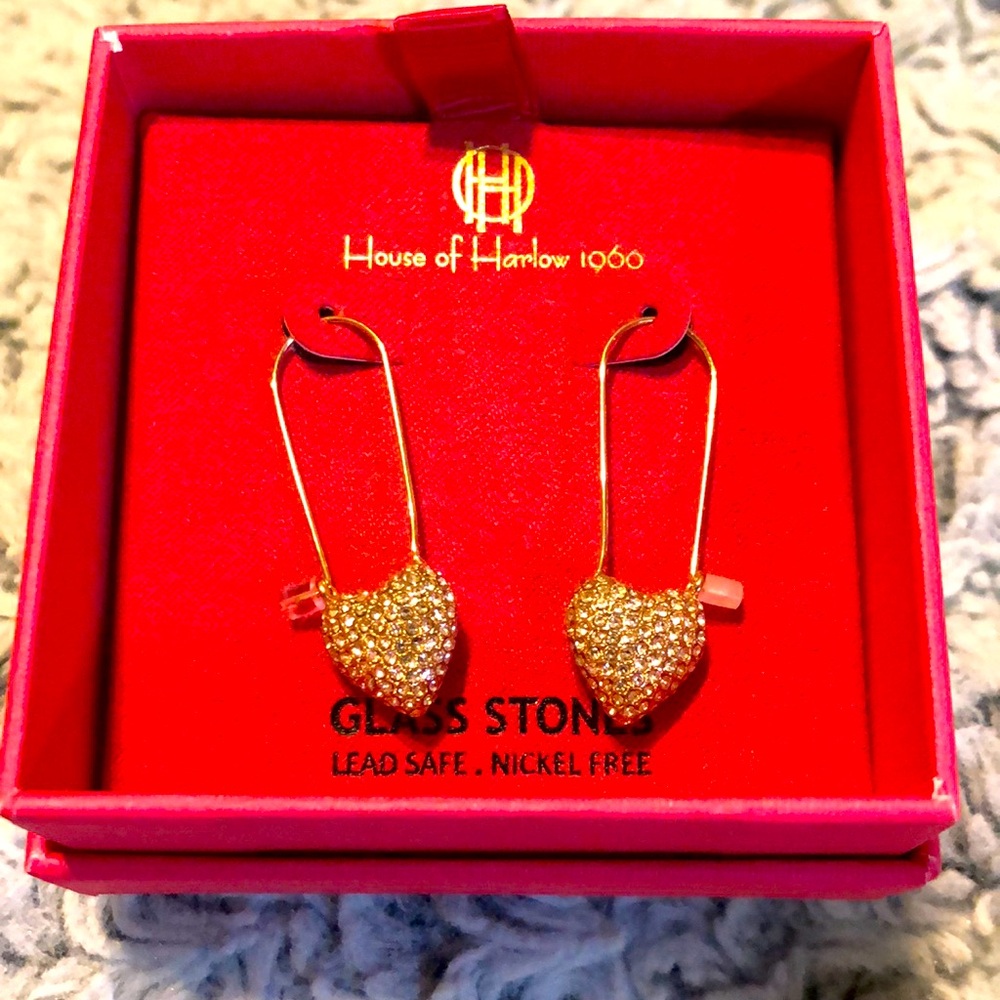 House of Harlow 1960 new in box heart dangle earrings.  Glass stones